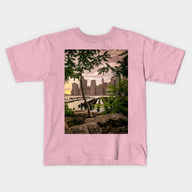 Manhattan Skyline Pink Sunset Brooklyn NYC Kids T-Shirt by eleonoraingrid